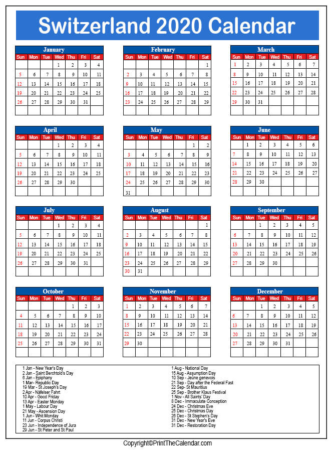 Switzerland Printable Calendar 2020